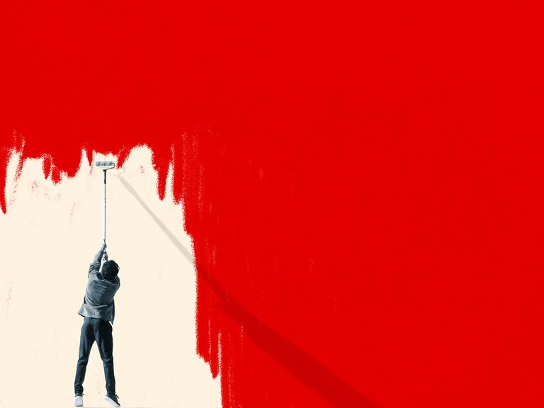 Illustration eines Mannes, der eine rote Wand weiß überstreicht.