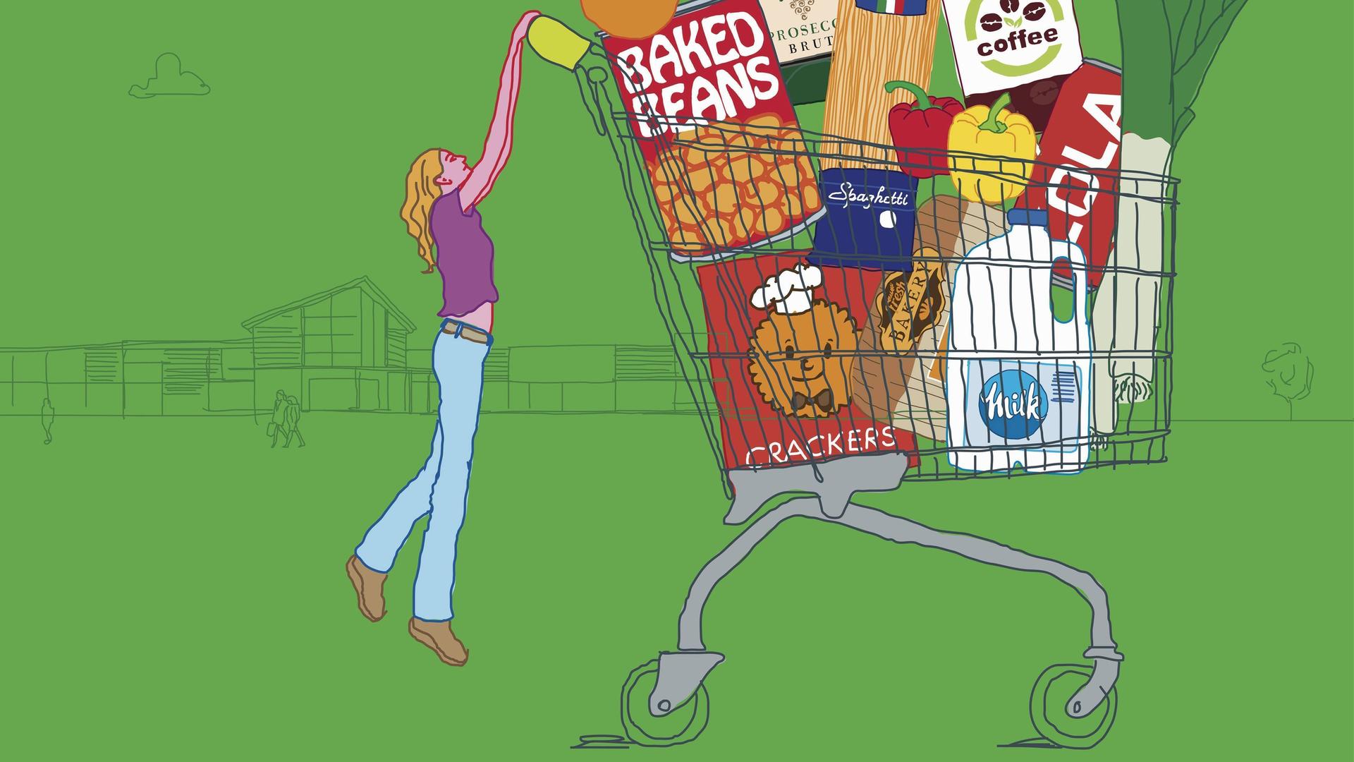 Illustration: Eine Frau bemüht sich einen viel zu großen und voll gefüllten Einkaufswagen zu schieben. Illustration: Eine Frau bemüht sich einen viel zu großen und voll gefüllten Einkaufswagen zu schieben.