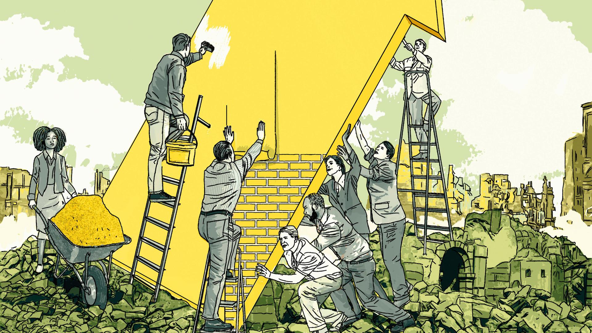 Illustration: Menschen kooperieren, um einen Pfeil aus Trümmern zu bauen.