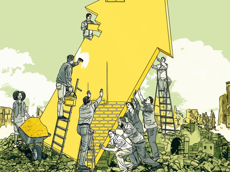Illustration: Menschen kooperieren, um einen Pfeil aus Trümmern zu bauen.