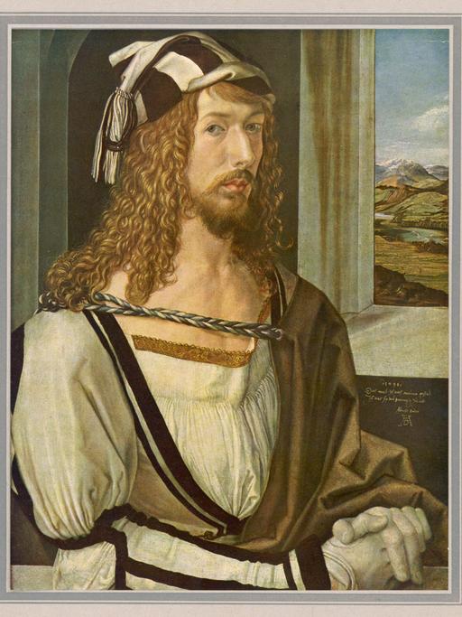 Das Porträtbild eines Mannes mit langen lockigen Haaren. Es zeigt den Maler Albrecht Dürer.