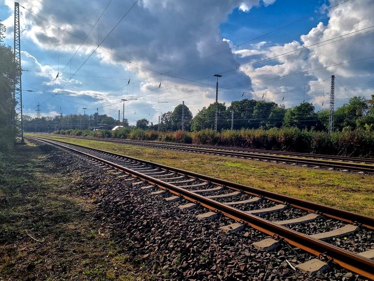 Ein Foto von Bahnschienen in der Landschaft