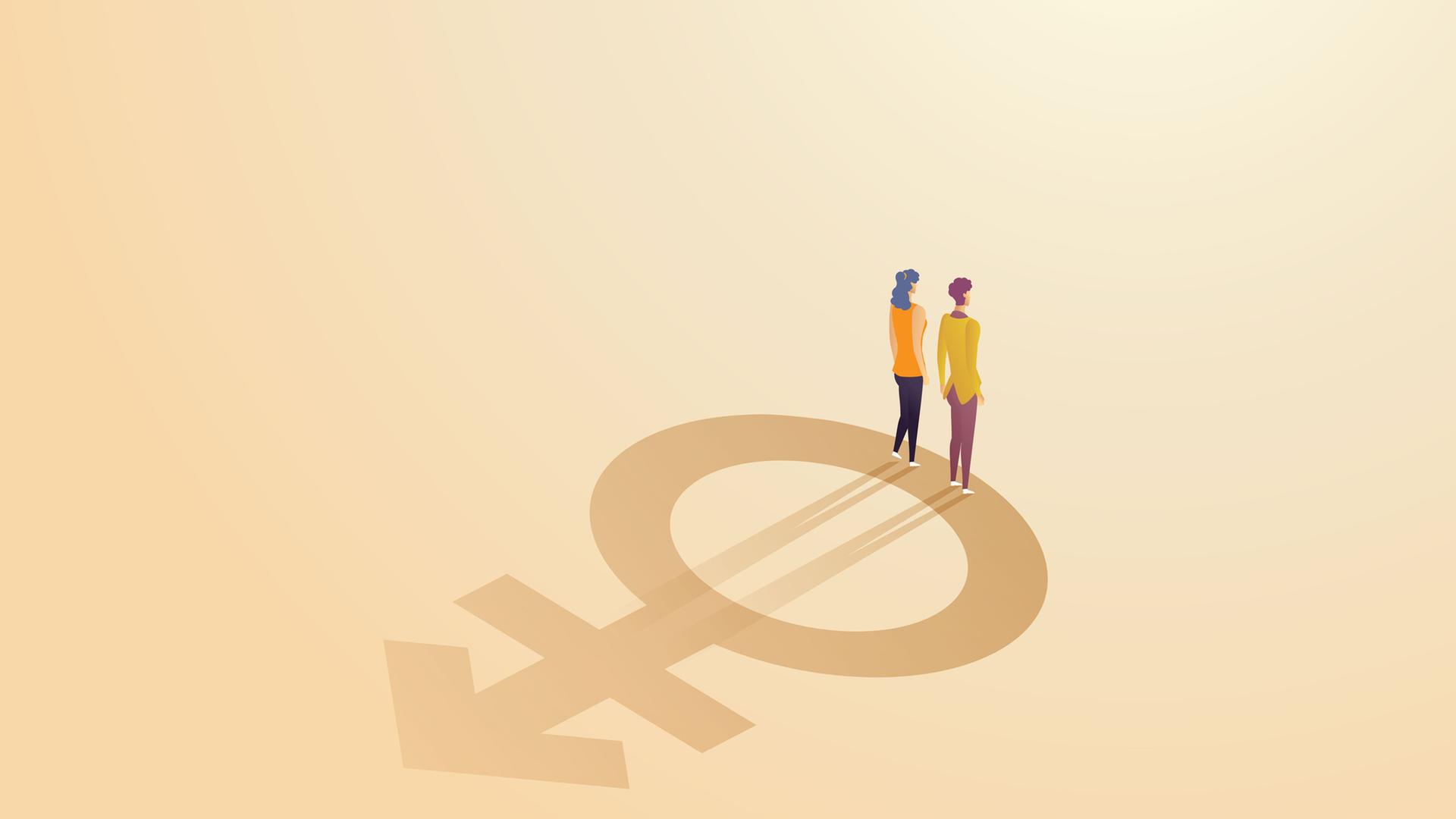 Eine Illustration in Gelbtönen zeigt eine Frau und einen Mann, deren Silhouette auf dem Symbol für nonbinäre Geschlechtsidentitäten stehen. 
