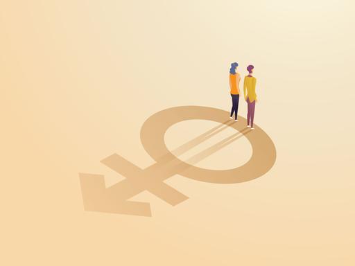 Eine Illustration in Gelbtönen zeigt eine Frau und einen Mann, deren Silhouette auf dem Symbol für nonbinäre Geschlechtsidentitäten stehen. 
