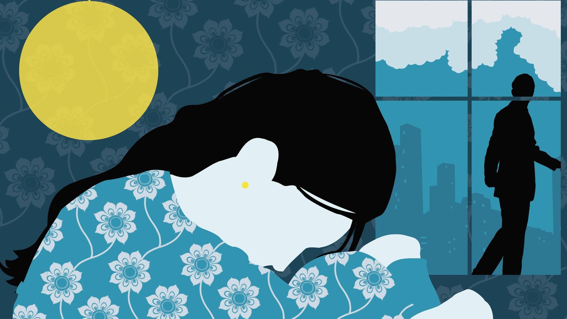 Die Illustration zeigt eine traurige Frau im Bett, im Hintergrund steht ein Mann am Fenster. Die Illustration zeigt eine traurige Frau im Bett, im Hintergrund steht ein Mann am Fenster.