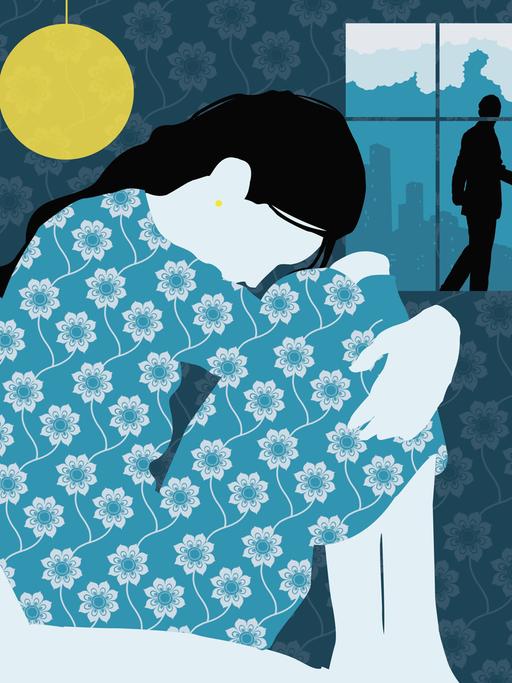 Die Illustration zeigt eine traurige Frau im Bett, im Hintergrund steht ein Mann am Fenster.