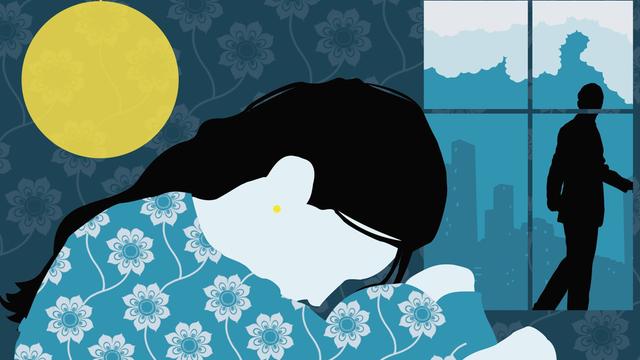 Die Illustration zeigt eine traurige Frau im Bett, im Hintergrund steht ein Mann am Fenster.