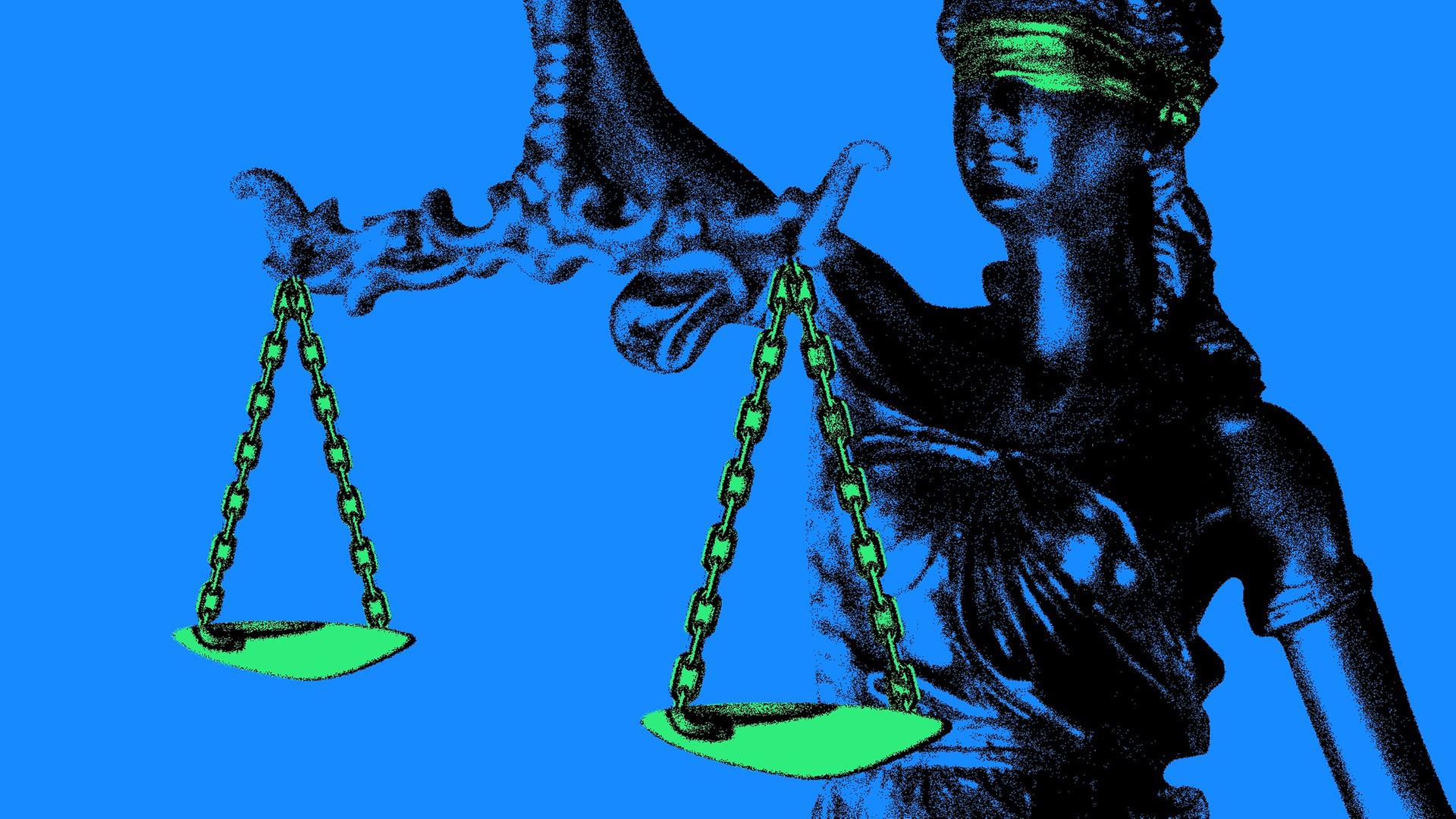 Statue von Justitia, der römischen Göttin der Gerechtigkeit, mit verbundenen Augen und einer Waage in der Hand Statue von Justitia, der römischen Göttin der Gerechtigkeit, mit verbundenen Augen und einer Waage in der Hand