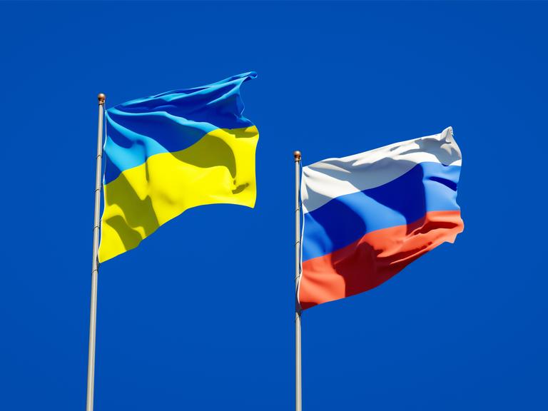 Beautiful national state flags of Ukraine and Russia.
