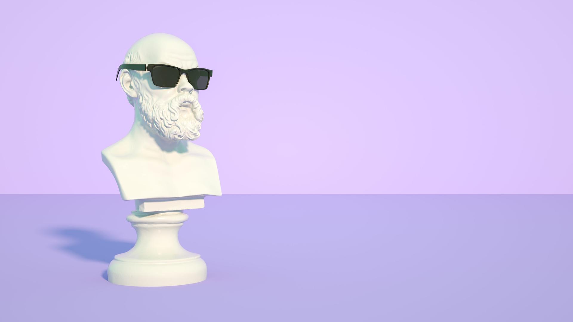 Eine antike Büste von Sokrates, die eine schwarze Sonnenbrille trägt. Eine antike Büste von Sokrates, die eine schwarze Sonnenbrille trägt.