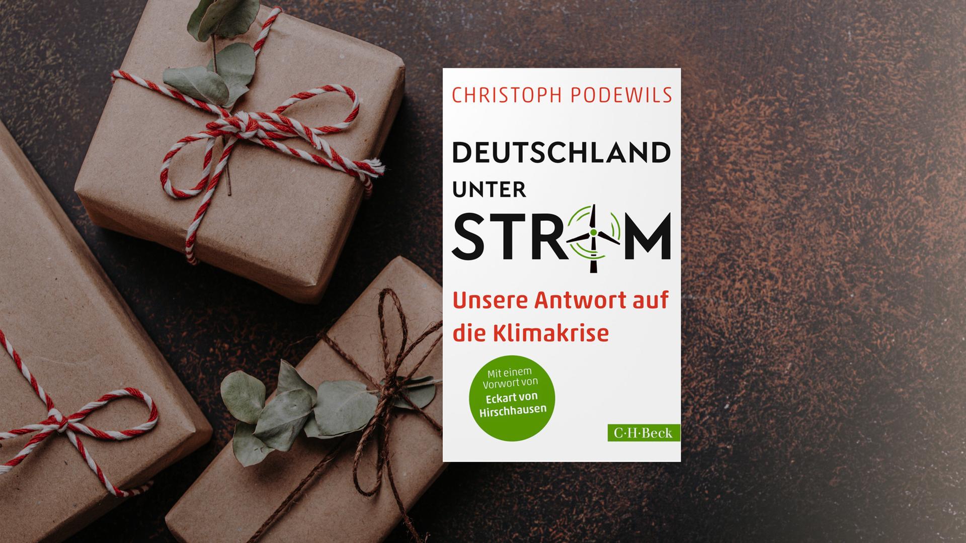 Buchcover von "Deutschland unter Strom" von Christoph Podewils. Im Hintergrund sind graue Päckchen mit rot-weißen Schleifen zu sehen. Buchcover von "Deutschland unter Strom" von Christoph Podewils. Im Hintergrund sind graue Päckchen mit rot-weißen Schleifen zu sehen.