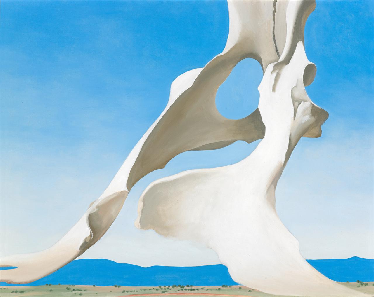 Das Ölgemälde "Pelvis with the distance" von Georgia O'Keefe zeigt einen Tierschädel vor einer weiten Landschaft Das Ölgemälde "Pelvis with the distance" von Georgia O'Keefe zeigt einen Tierschädel vor einer weiten Landschaft