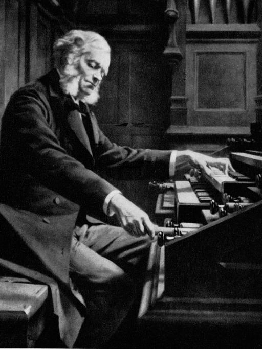 César Franck, orgelspielend auf einem Gemälde von Jeanne Rongier. 