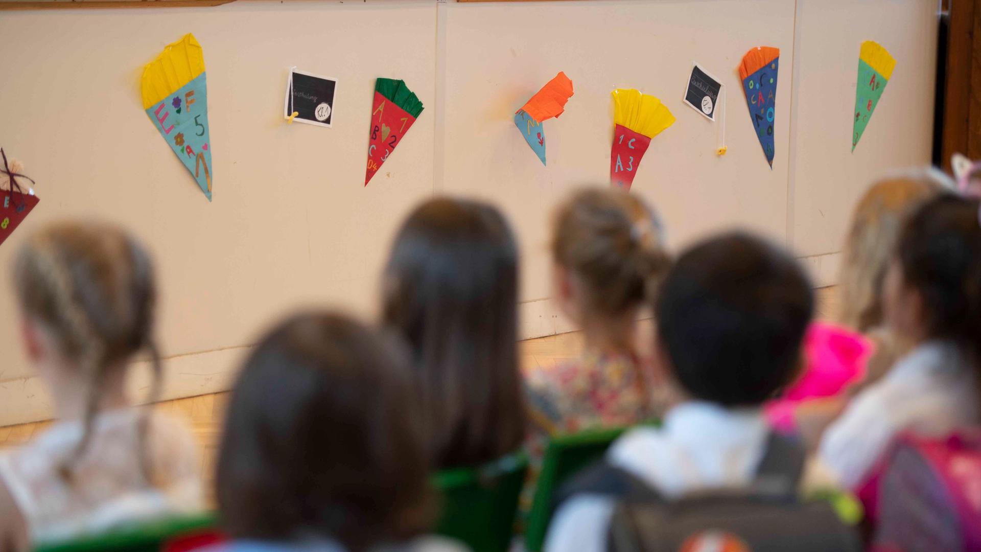 Eine Gruppe Grundschüler ist von hinten zu sehen. Sie sitzen in einer Aula und hören zu.
