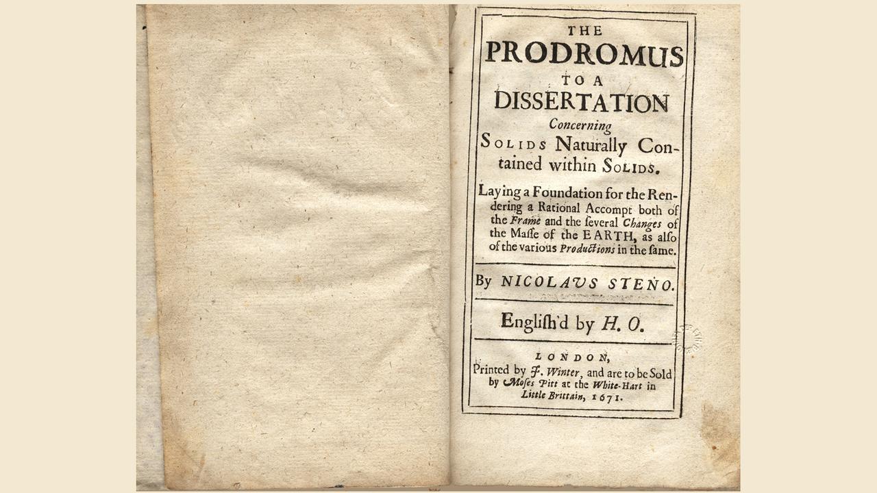 Titelblatt aus Stenos "The prodromus to a dissertation concerning solids naturally contained within solids" - die englische Ausgabe von "De solido", London 1671 Titelblatt aus Stenos "The prodromus to a dissertation concerning solids naturally contained within solids" - die englische Ausgabe von "De solido", London 1671