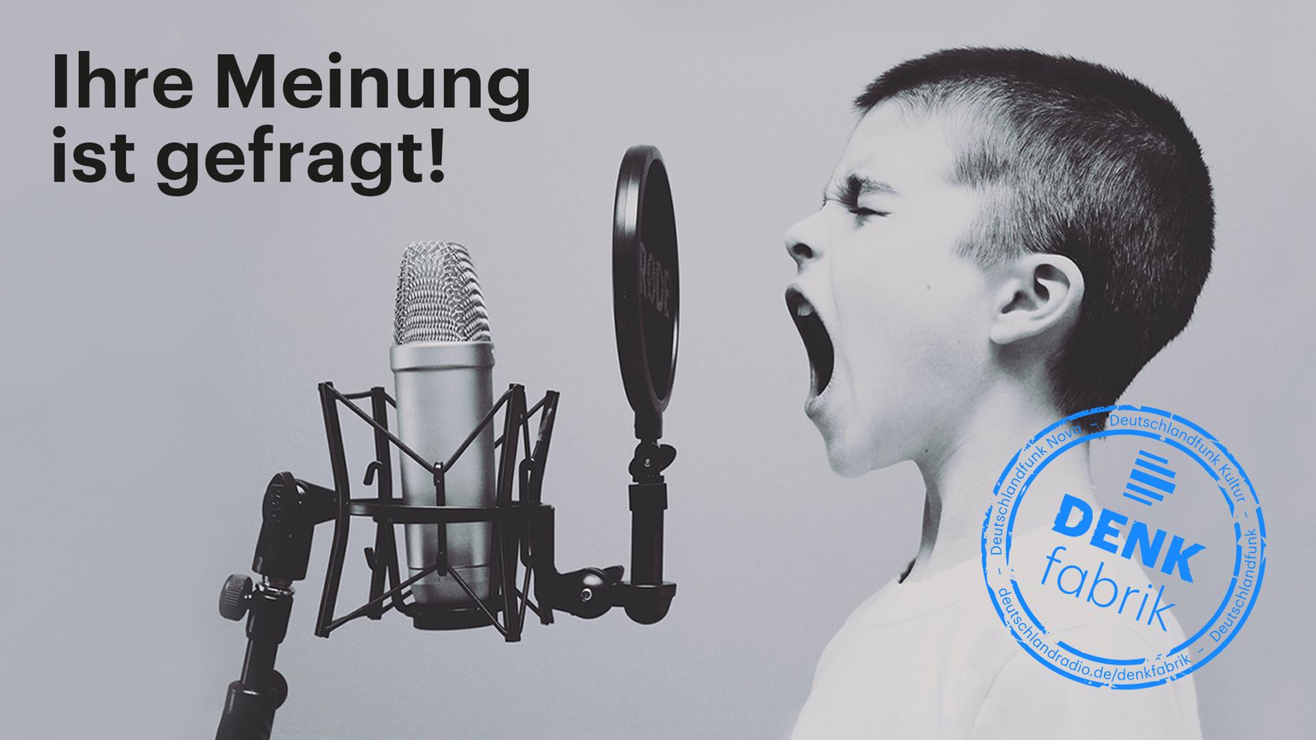 Profil eines Jungen, der in ein Studiomikrofon schreit, am oberen linken Rand ist zu lesen "Ihre Meinung ist gefragt". Profil eines Jungen, der in ein Studiomikrofon schreit, am oberen linken Rand ist zu lesen "Ihre Meinung ist gefragt".