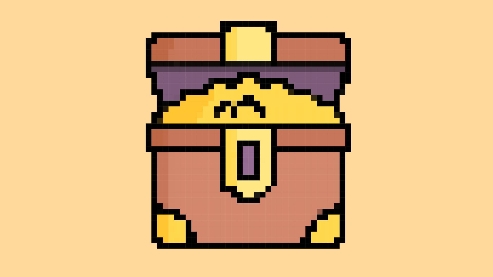 Pixel-Art-Darstellung einer Schatzkiste voller goldener Münzen. Pixel-Art-Darstellung einer Schatzkiste voller goldener Münzen.