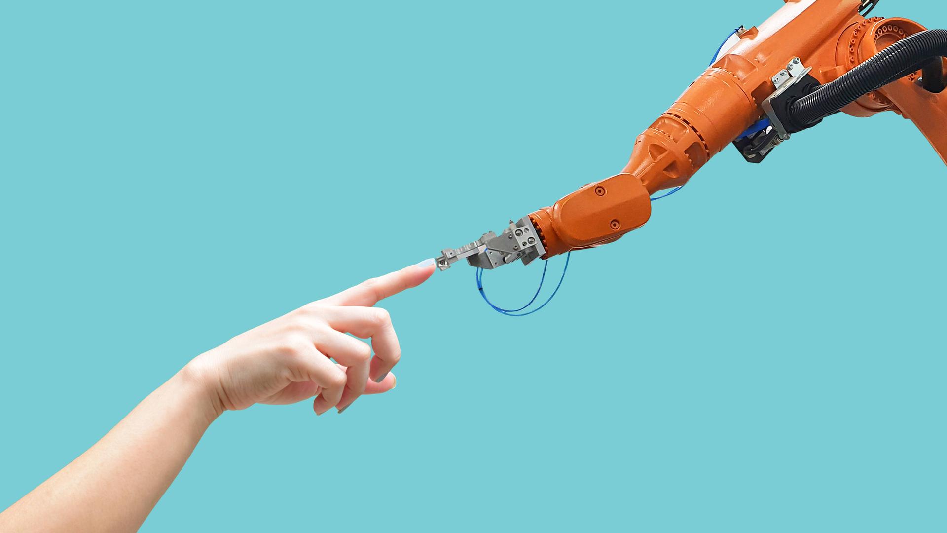 "Die Erschaffung Adams" nachgestellt mit einer menschlichen Hand und einem Roboterarm