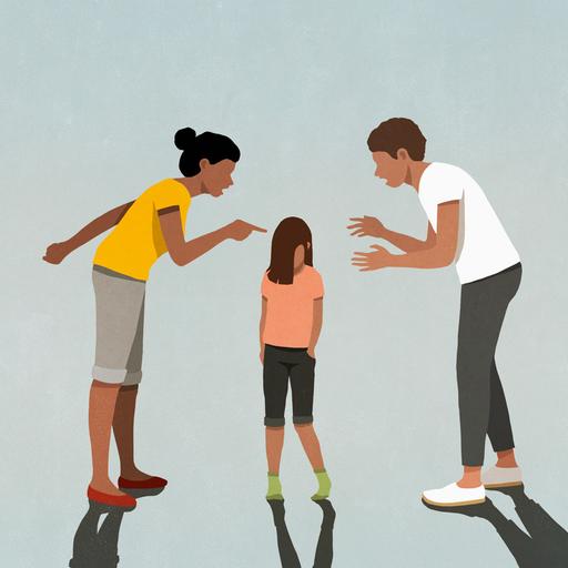 Illustration: Ein Kind steht mit gesenktem Kopf zwischen zwei Erwachsenen. Eine Person zeigt den erhobenen Zeigefinger. Die andere gestikuliert. Beide reden auf das Kind ein.