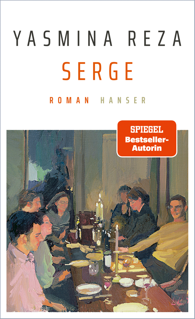 Das Cover von "Serge" zeigt den Autorinnennamen und den Buchtitel, darunter ein gemaltes Bild von einer Gruppe von Menschen an einem Essenstisch bei Kerzenschein.