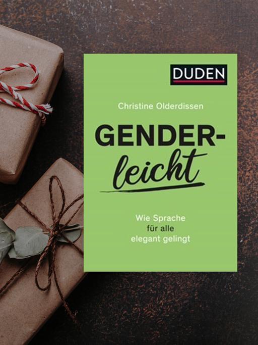 Buchcover zu "Genderleicht" von Christine Olderdissen. Im Hintergrund braune Päckchen mit rot-weißen Schleifen.