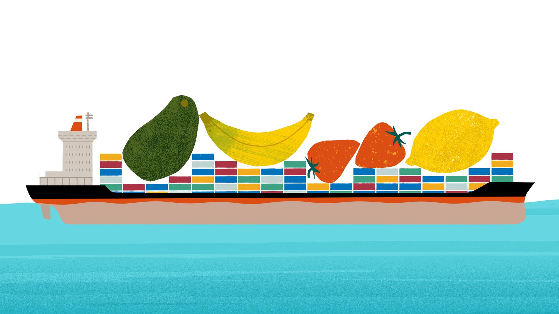Illustration: Ein Cargoschiff mit übergrossem Obst und Gemüse auf Deck. Illustration: Ein Cargoschiff mit übergrossem Obst und Gemüse auf Deck.