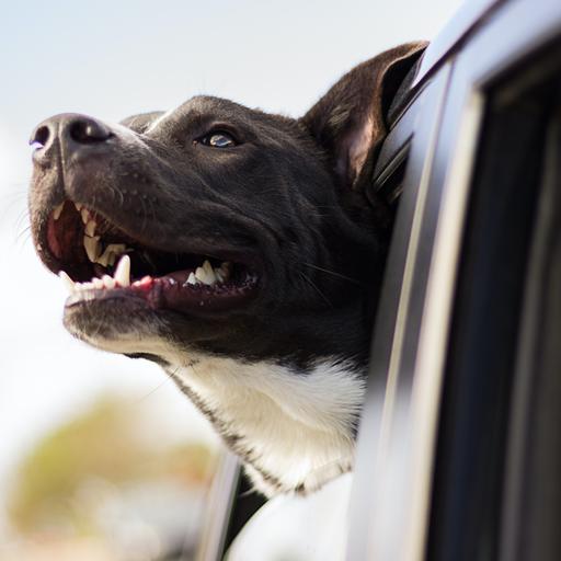 Ein großer Hund streckt seinen Kopf aus dem Fenster eines Autos. Es sieht ein bisschen so aus als würde er lächeln.