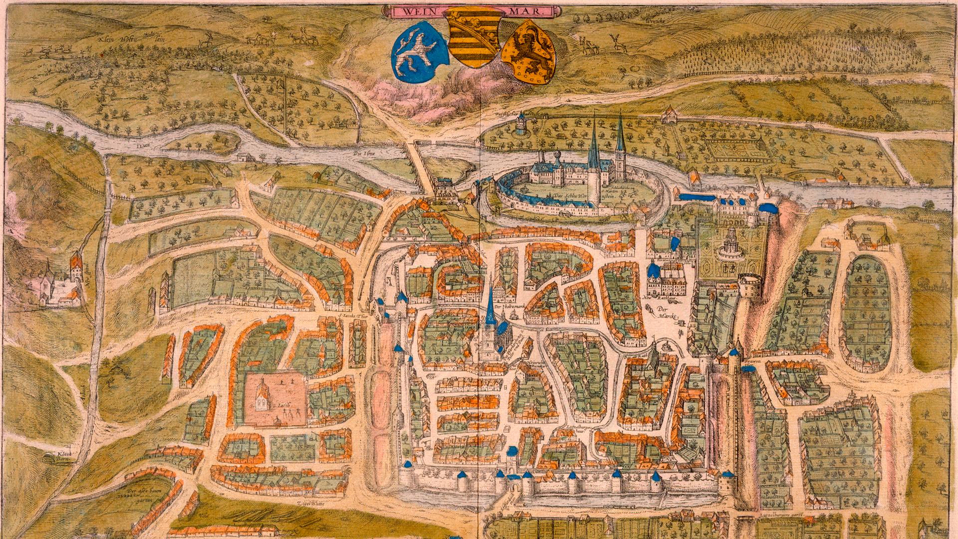 Ein historischer Stadtplan zeigt Weimar aus der Vogelperspektive um 1600.