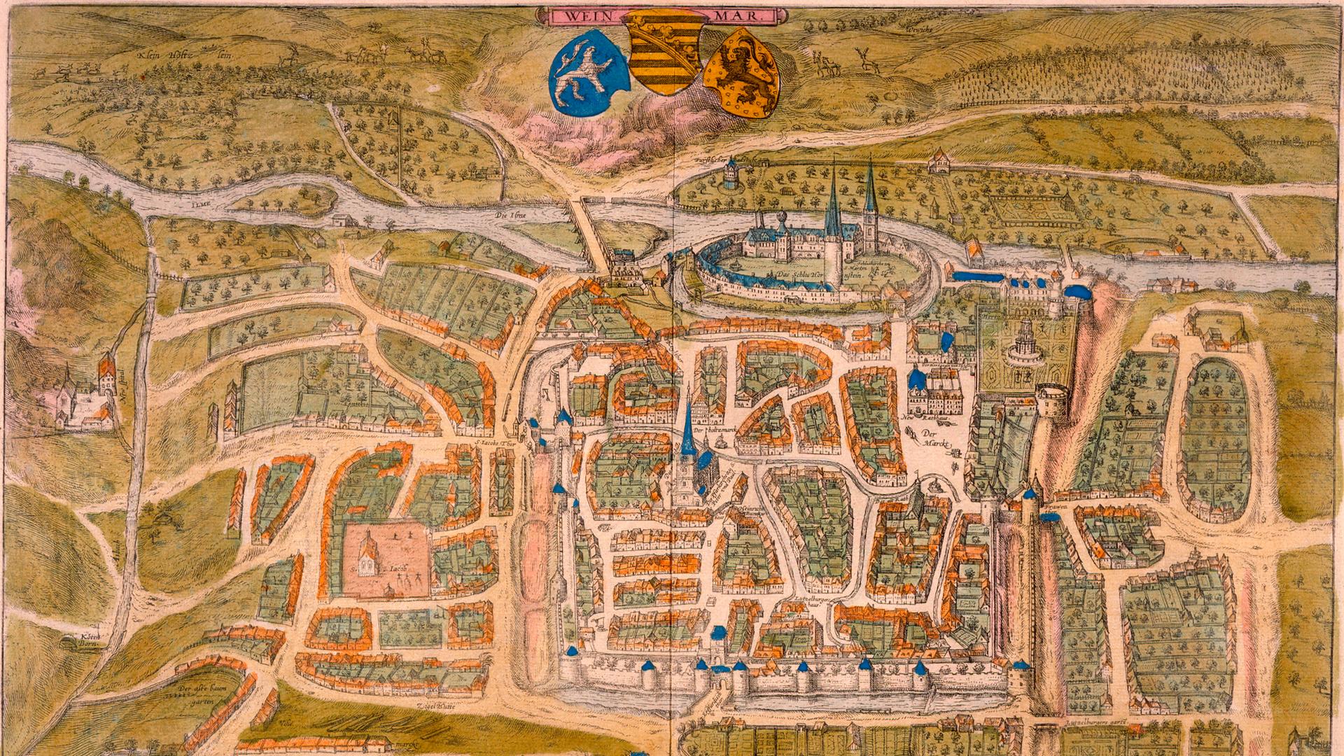 Ein historischer Stadtplan zeigt Weimar aus der Vogelperspektive um 1600. Ein historischer Stadtplan zeigt Weimar aus der Vogelperspektive um 1600.
