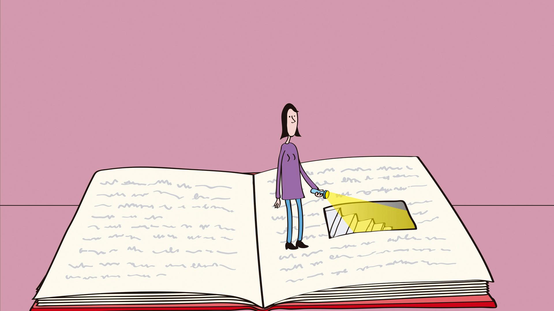 Illustration: Frau steht auf einem Buch und leuchtet mit einer Taschenlampe eine zwischen den Zeilen stilisierte Treppe hinunter. Illustration: Frau steht auf einem Buch und leuchtet mit einer Taschenlampe eine zwischen den Zeilen stilisierte Treppe hinunter.