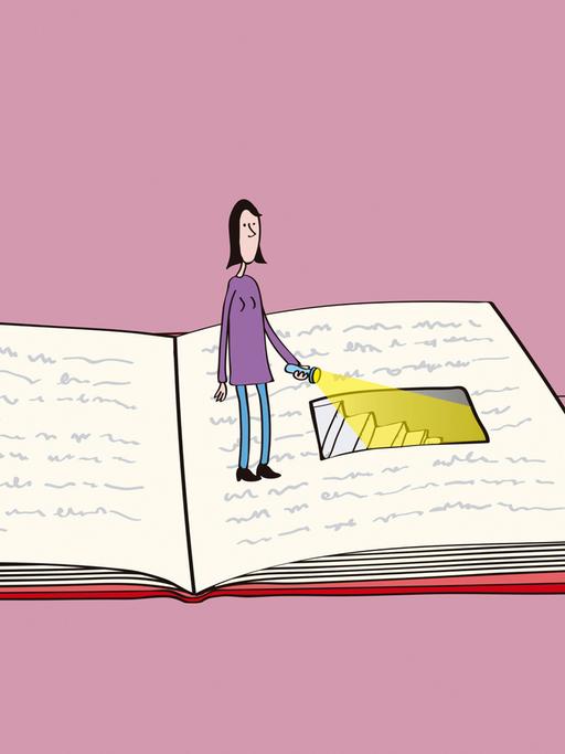 Illustration: Frau steht auf einem Buch und leuchtet mit einer Taschenlampe eine zwischen den Zeilen stilisierte Treppe hinunter.
