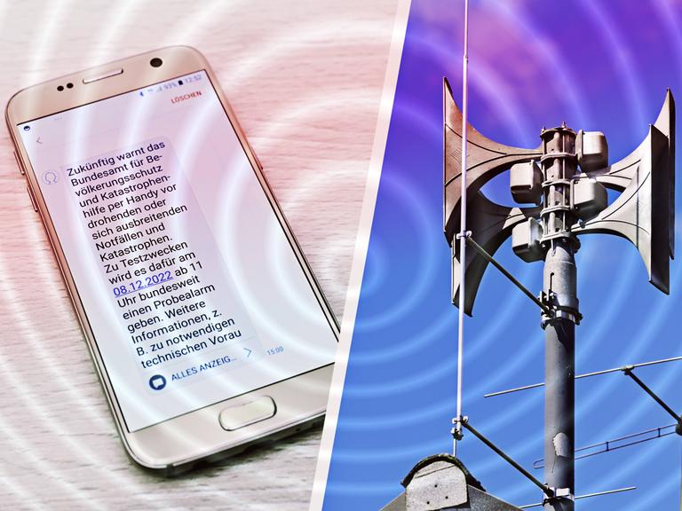 Die Fotomontage zeigt ein Smartphone mit SMS-Benachrichtigung über den Katastrophenwarntag und eine elektronische Sirene auf einem Dach.