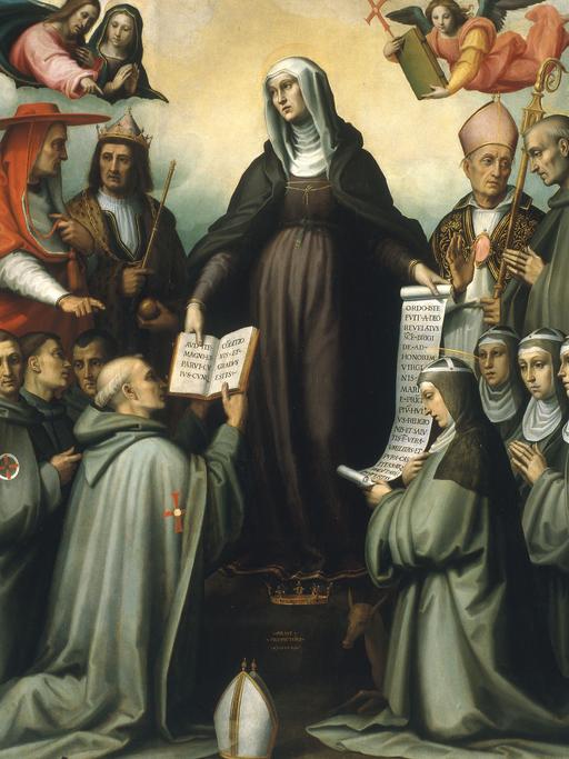 Ein Ölgemälde zeigt kniende Nonnen vor einer Nonne mit Pergamentrolle.