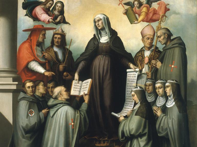 Ein Ölgemälde zeigt kniende Nonnen vor einer Nonne mit Pergamentrolle.