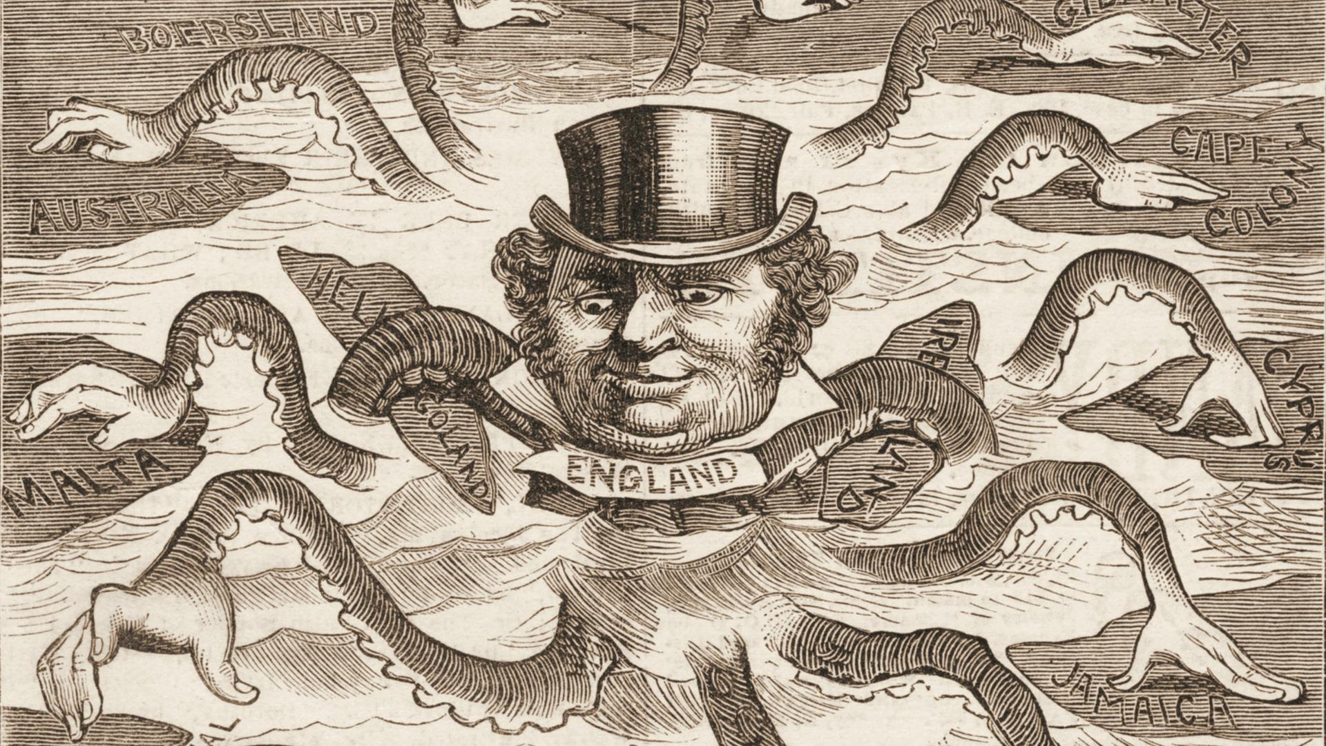 Historische Karikatur von England als Oktopus, der sich mit seinen zahlreichen Armen verschiedene Erdteile greift. Historische Karikatur von England als Oktopus, der sich mit seinen zahlreichen Armen verschiedene Erdteile greift.