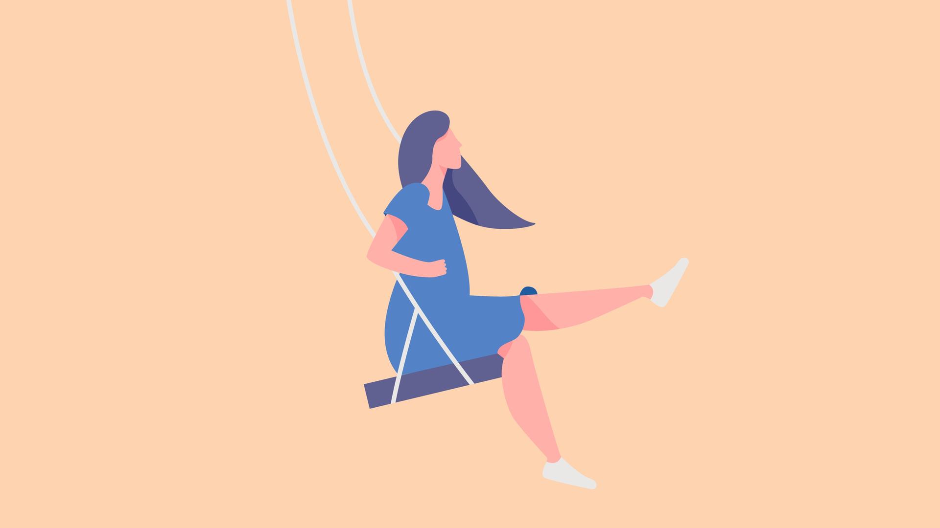 Illustration einer Frau im blauen Kleid, die auf einer Schaukel sitzt. Illustration einer Frau im blauen Kleid, die auf einer Schaukel sitzt.