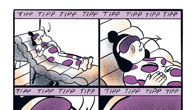 Eine Seite aus dem Comic „Work-Life-Balance“ von Aisha Franz. Zu sehen ist eine Frau, die auf einer Liege liegt. Sie trägt eine Schlafmaske und macht Atemübungen. Langsam driftet sie davon. Eine Seite aus dem Comic „Work-Life-Balance“ von Aisha Franz. Zu sehen ist eine Frau, die auf einer Liege liegt. Sie trägt eine Schlafmaske und macht Atemübungen. Langsam driftet sie davon.