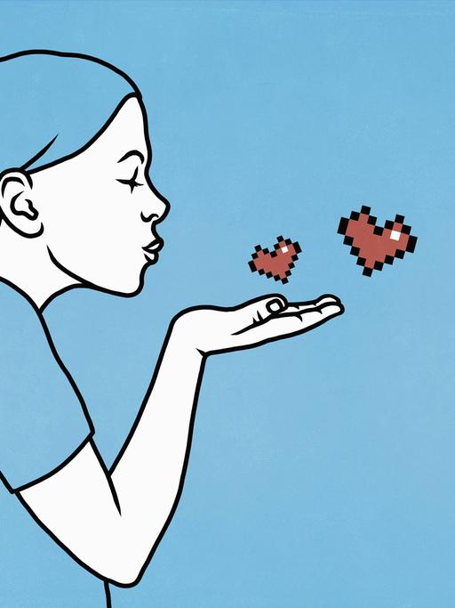 Illustration: Ein Frau gibt Luftküsse. Pixelherzen steigen in die Luft.