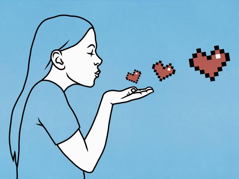 Illustration: Ein Frau gibt Luftküsse. Pixelherzen steigen in die Luft.
