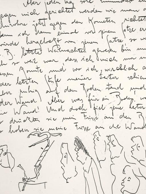 Schriftzeichen und Zeichnungen verschiedener Köpfe auf einer Tagebuchseite von Franz Kafka.
