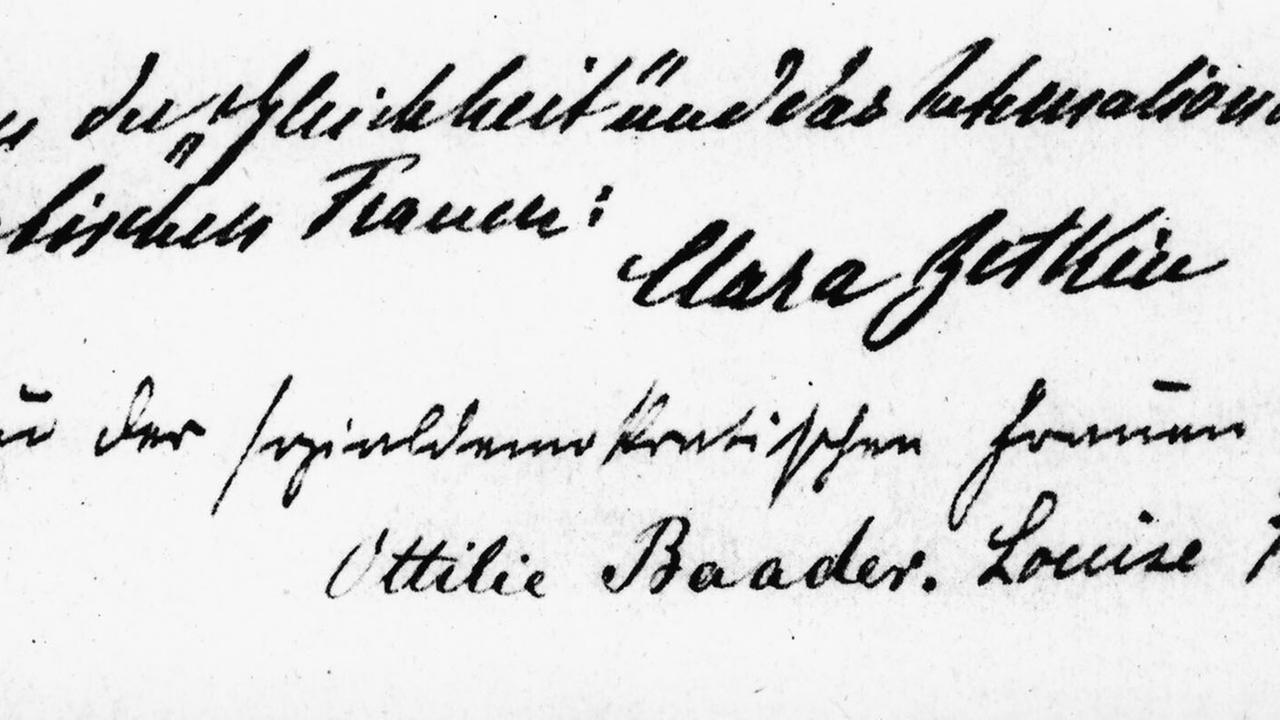 Glückwünsche an August Bebel zum 70 . Geburtstag am 22. Februar 1910 : Ausschnitt mit den Unterschriften von Clara Zetkin, Ottilie Baader und Louise Zietz "im Namen der sozialdemokratischer Frauen" Glückwünsche an August Bebel zum 70 . Geburtstag am 22. Februar 1910 : Ausschnitt mit den Unterschriften von Clara Zetkin, Ottilie Baader und Louise Zietz "im Namen der sozialdemokratischer Frauen"