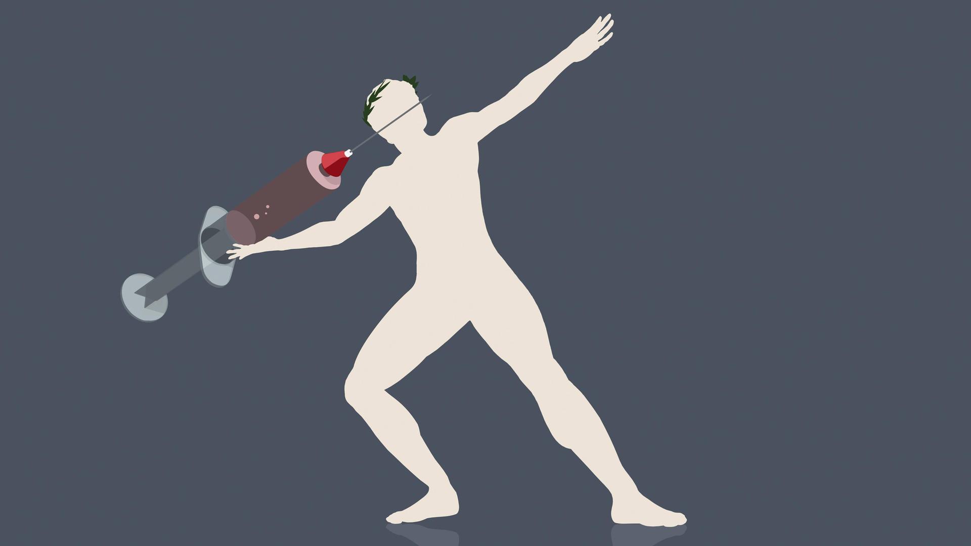 Illustration: Ein olympischer Athlet wirft eine Spritze in Übergrösse wie beim Speerwurf. Illustration: Ein olympischer Athlet wirft eine Spritze in Übergrösse wie beim Speerwurf.