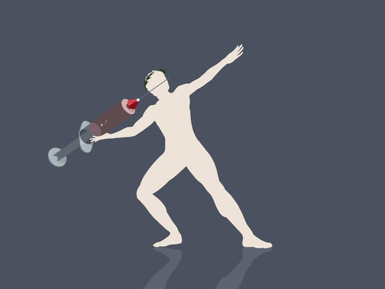 Illustration: Ein olympischer Athlet wirft eine Spritze in Übergrösse wie beim Speerwurf.