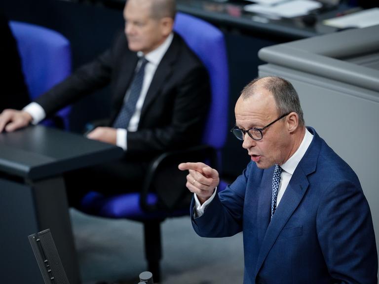 Der CDU-Bundesvorsitzende Friedrich Merz spricht im Bundestag.