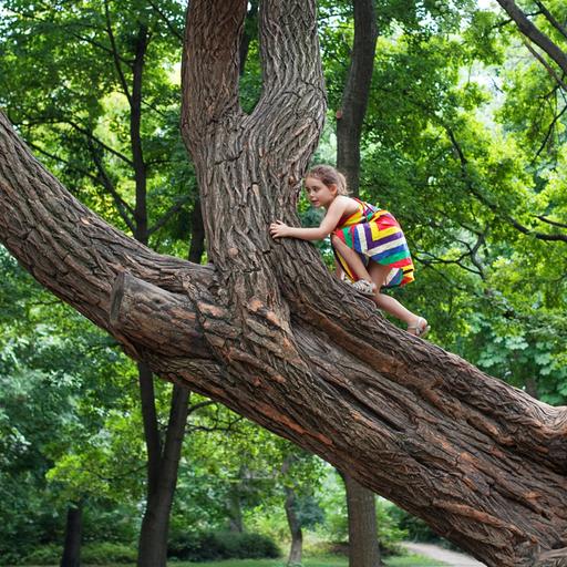 Ein Mädchen klettert auf einen riesigen Baum.