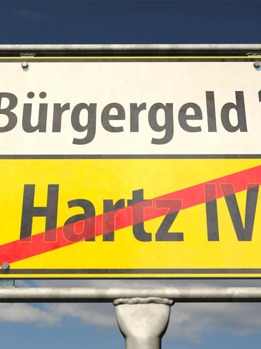 Ein Ortsausgangsschild zeigt an: Sie verlassen jetzt Hartz IV, als Nächstes kommt Bürgergeld. 