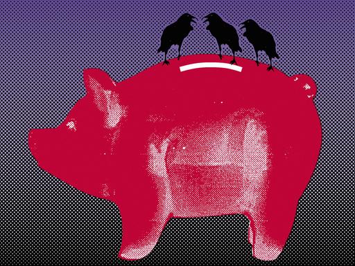 Illustration: Drei schwarze Krähen sitzen auf einem Sparschwein.