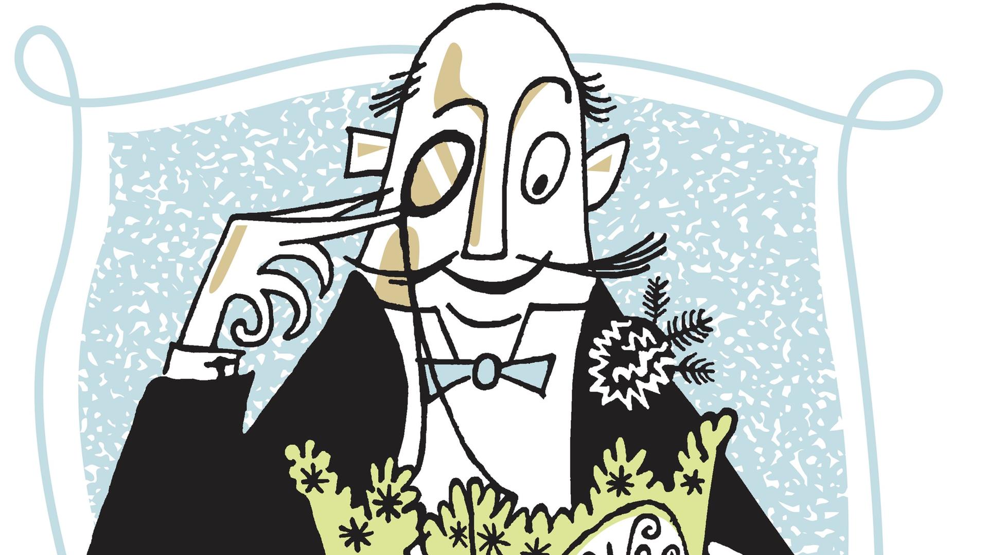 Illustration eines Mannes der in einem Restaurant mit opulent gedecktem Tisch in der Speisekarte blättert. Illustration eines Mannes der in einem Restaurant mit opulent gedecktem Tisch in der Speisekarte blättert.