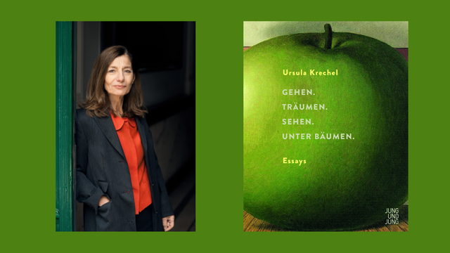 Ein Portrait der Schriftstellerin Ursula Krechel und das Buchcover von „Gehen. Träumen. Sehen. Unter Bäumen.“