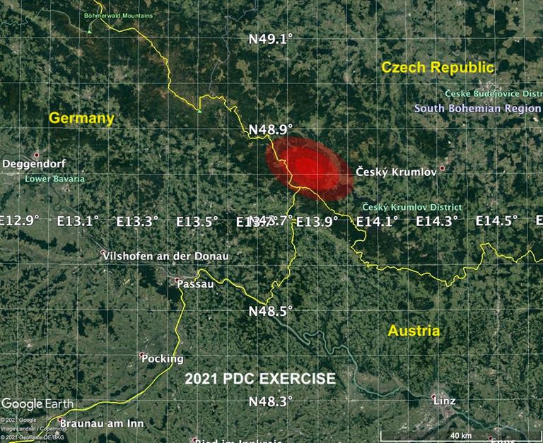 Das Einschlaggebiet des fiktiven Asteroiden 2021PDC (NASA/Landsat/Copernicus/Google) Das Einschlaggebiet des fiktiven Asteroiden 2021PDC (NASA/Landsat/Copernicus/Google)
